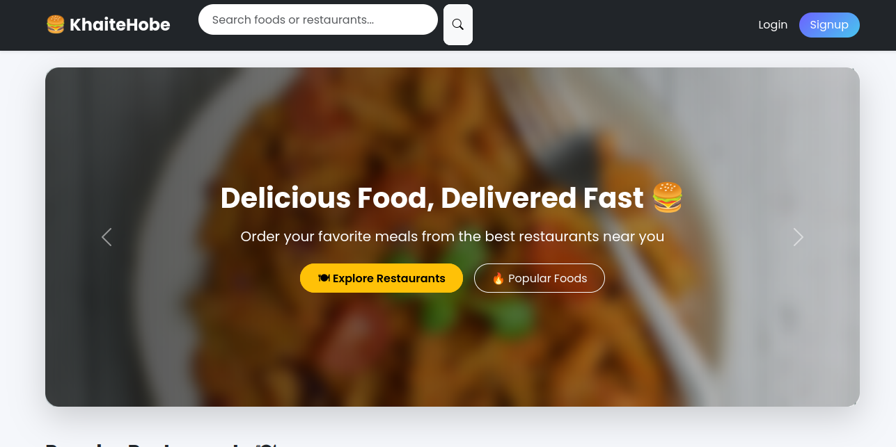 Modern food delivery homepage with restaurant listings and featured food categories
